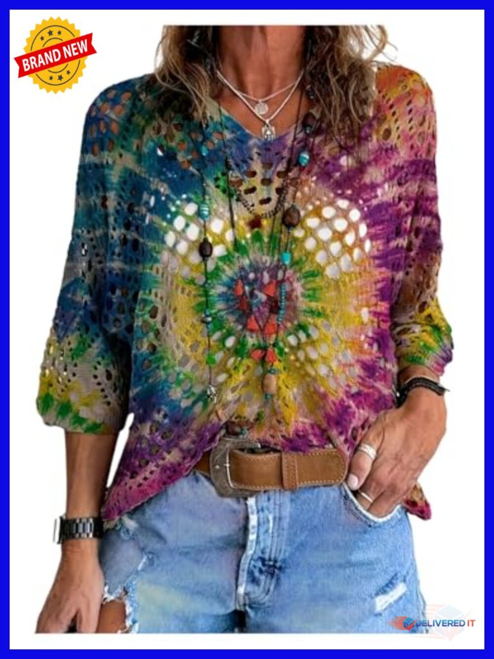 Women's Boho Knit Hippie Beach Cover Up Top V-Neck